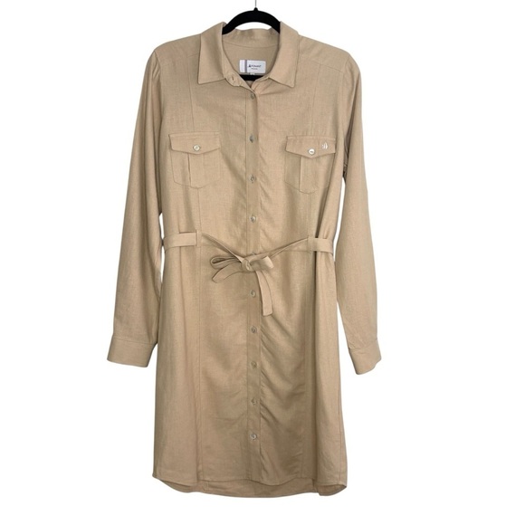 Ponant France Dresses & Skirts - Ponant France Linen Blend Tan Long Sleeve Button Down Dress With Belt Size Small